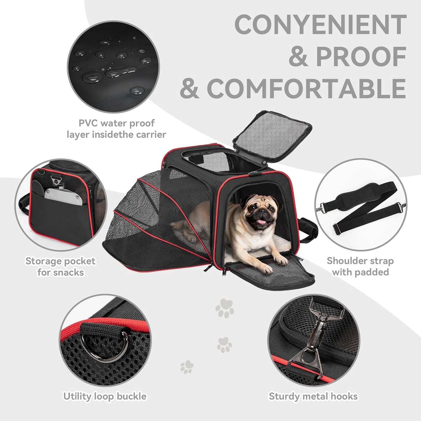 Petsfit Expandable Cat Dog Carrier Airline Approved, 17" L x 11" W x 11" H Soft-Sided Portable Pet Travel Carrier for Kitten, Puppy, Removable Soft Plush Mat and Pockets, Auto-Locking Zippers