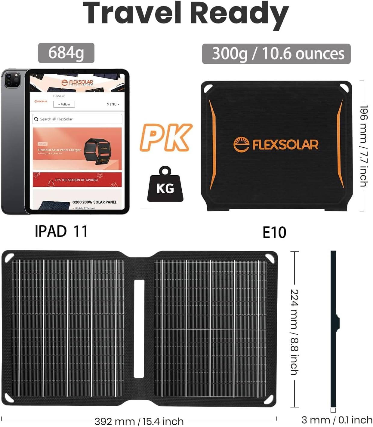 FlexSolar 10W Portable Solar Panels Charger 5V USB Small Foldable IP67 Waterproof Power Emergency Camping Backpacking Hiking for Phones iPads Power Banks