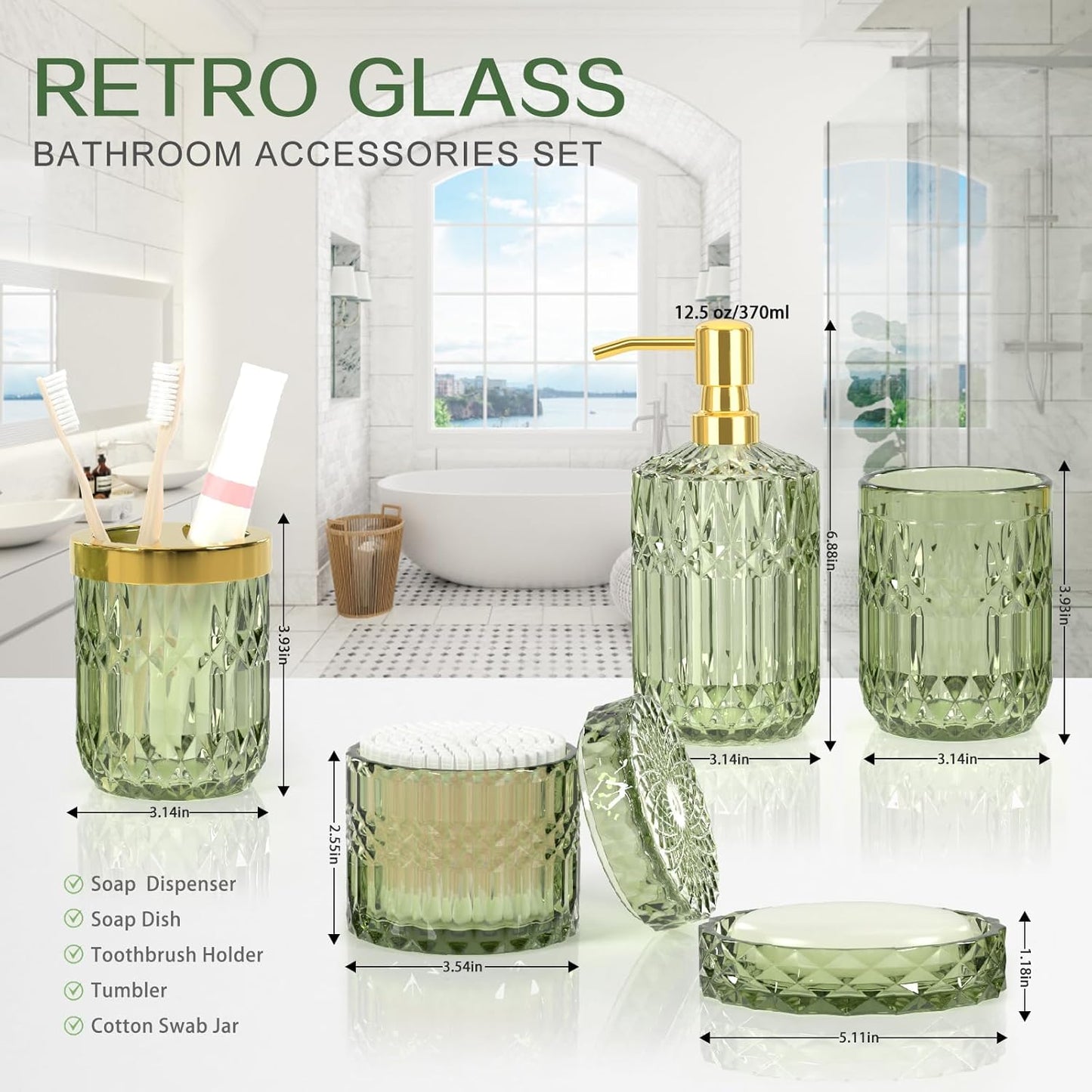 Premium Green Glass Bathroom Accessories Set (5PCS), Glass Soap Dispenser Set with Rust Proof Stainless Steel Pump, Elegant Modern Bathroom Decor Set, Gift for Valentines Day, Birthday or Housewarming