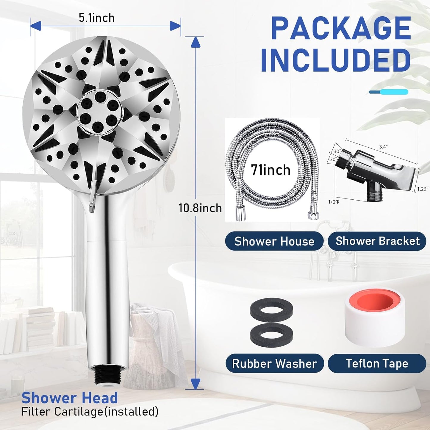 High Pressure Filtered Shower Head, Handheld Shower with 8-Mode Settings 2-Power Jet with Pause Switch, Ideal for Shower Cubicles, Tubs, and Pet Cleaning (Includes Hose & Bracket)
