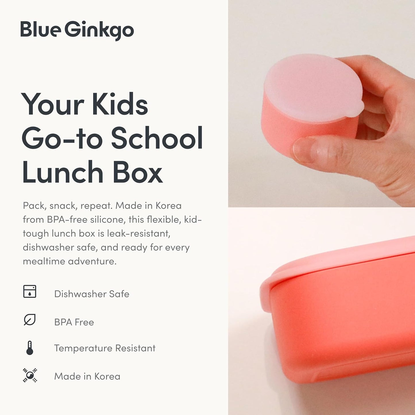 Blue Ginkgo Kids Silicone Lunch Box Set – Durable Heavy-Duty Silicone Bento Box, Microwave, Freezer, Dishwasher Safe – Airtight, BPA Free (Made in Korea, Coral)