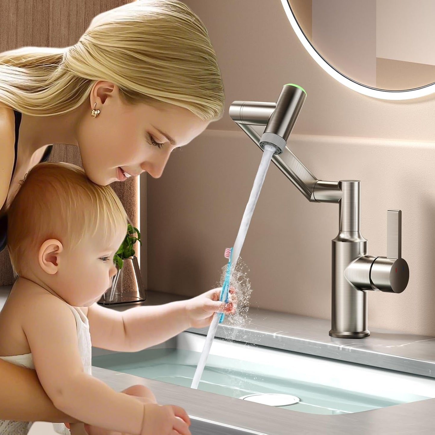 EAARSUO Single Hole Rotatable Bathroom Faucet with Temperature Display, Single Handle Modern Rotating Bathroom Sink Faucet 1 Hole, 1080 Degree Swivel Faucet with 2 Water Outlet Modes (Black)