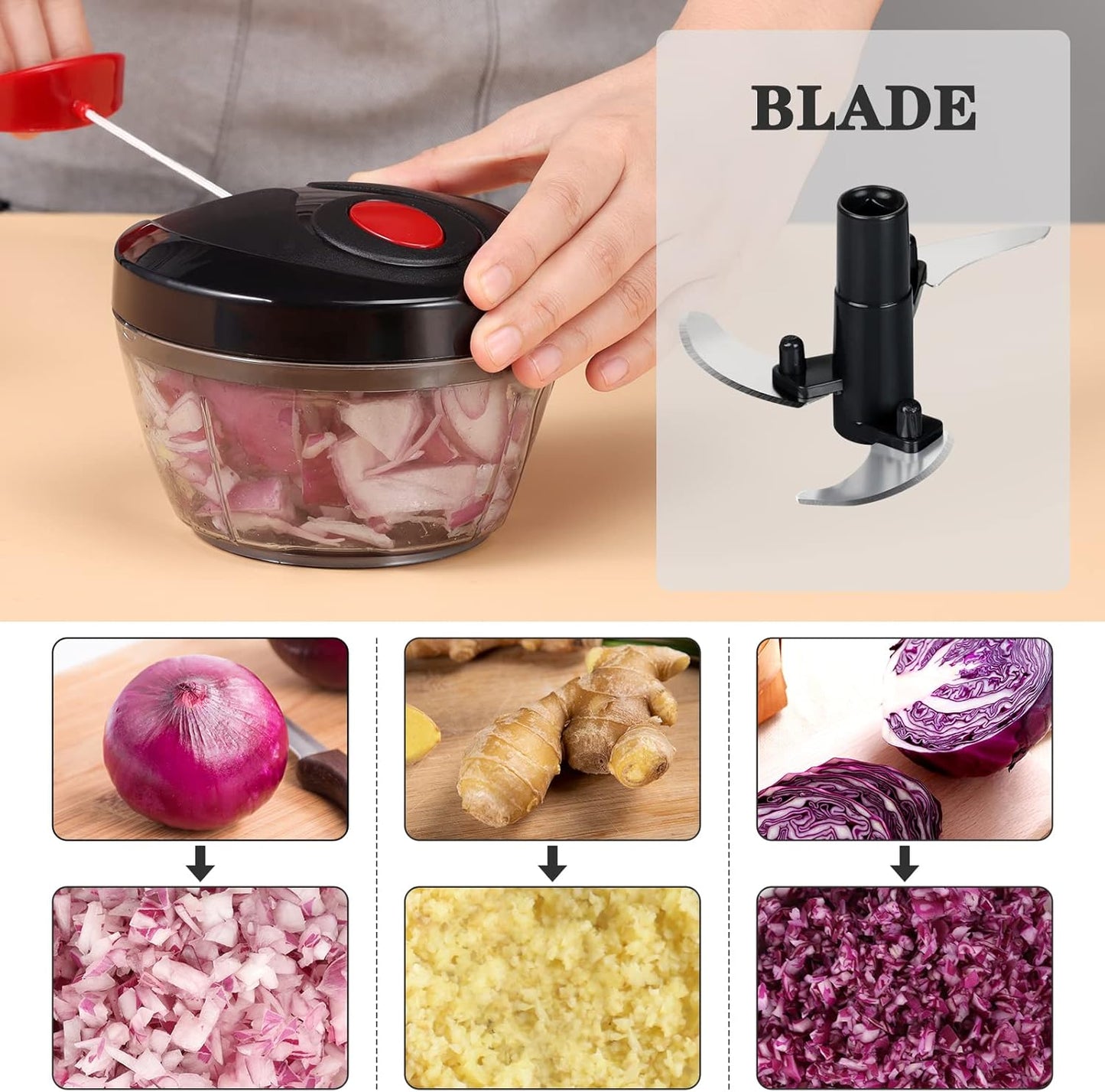 Cambom Manual Food Chopper Vegetable Cutter, Hand String Vegetable Chopper Onions Cutter for Vegetable Fruits Nuts BPA Free Food Safe Material, 550ml Gray
