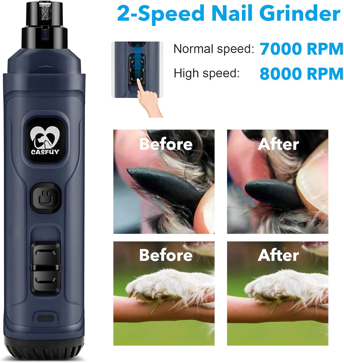 Casfuy Dog Nail Grinder with 2 LED Light-New Version 2-Speed Powerful Electric Pet Nail Trimmer Professional Quiet Painless Paws Grooming & Smoothing for Small Medium Large Dogs and Cats (Grey), 1 Count (Pack of 1)