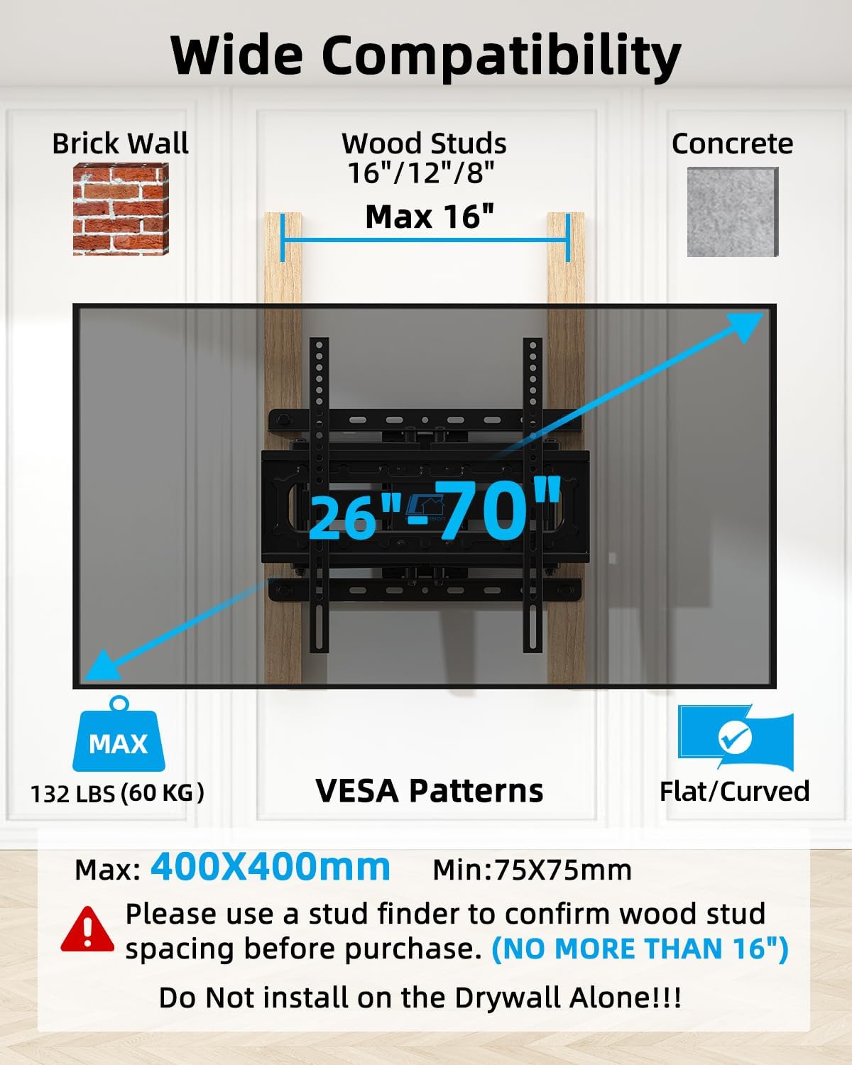 HOME VISION Full Motion TV Wall Mount for Most 26-70 Inch TVs Up to 132 LBS, Max VESA 400x400mm, Wall Mount TV Bracket with Swivel Extension Articulating Tilting Level, TV Mount Fit 12" 16" Wood Studs