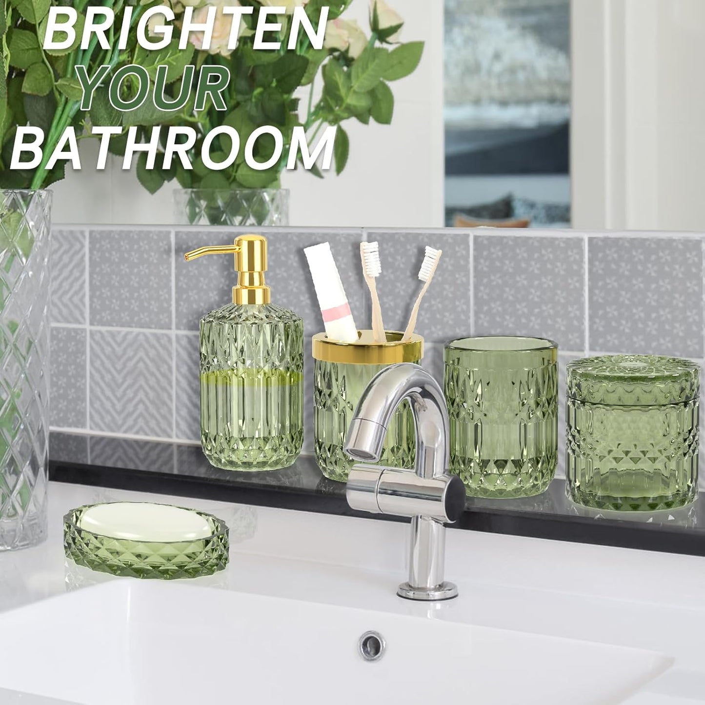 Premium Green Glass Bathroom Accessories Set (5PCS), Glass Soap Dispenser Set with Rust Proof Stainless Steel Pump, Elegant Modern Bathroom Decor Set, Gift for Valentines Day, Birthday or Housewarming