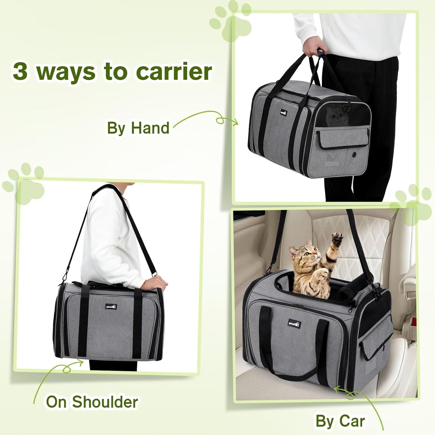 Pecute Cat Carrier Expandable 47x34x33cm, Dog Carrier Foldable, Pet Carrier with Breathable Mesh for Small to Medium Cats and Dogs, Used for Traveling, Camping, Going to The Vet Gray