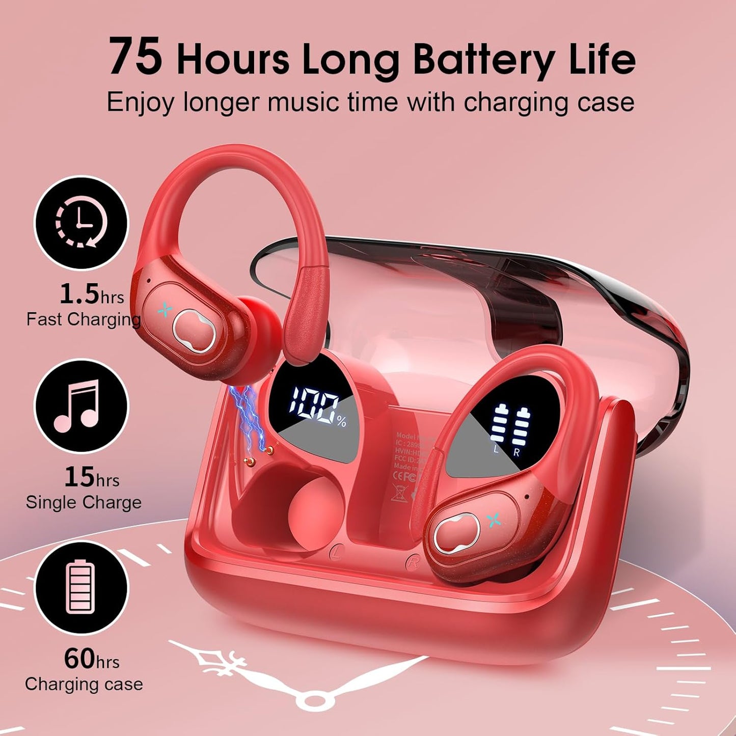 STECEi Wireless Earbuds 75hrs Bluetooth 5.4 Headphone Sport, Bluetooth Earbuds HiFi Stereo Over Ear Bud with Earhooks, ENC Noise Cancelling Mic, IP7 Waterproof Wireless Earphone for Workout/Running - PuriLite