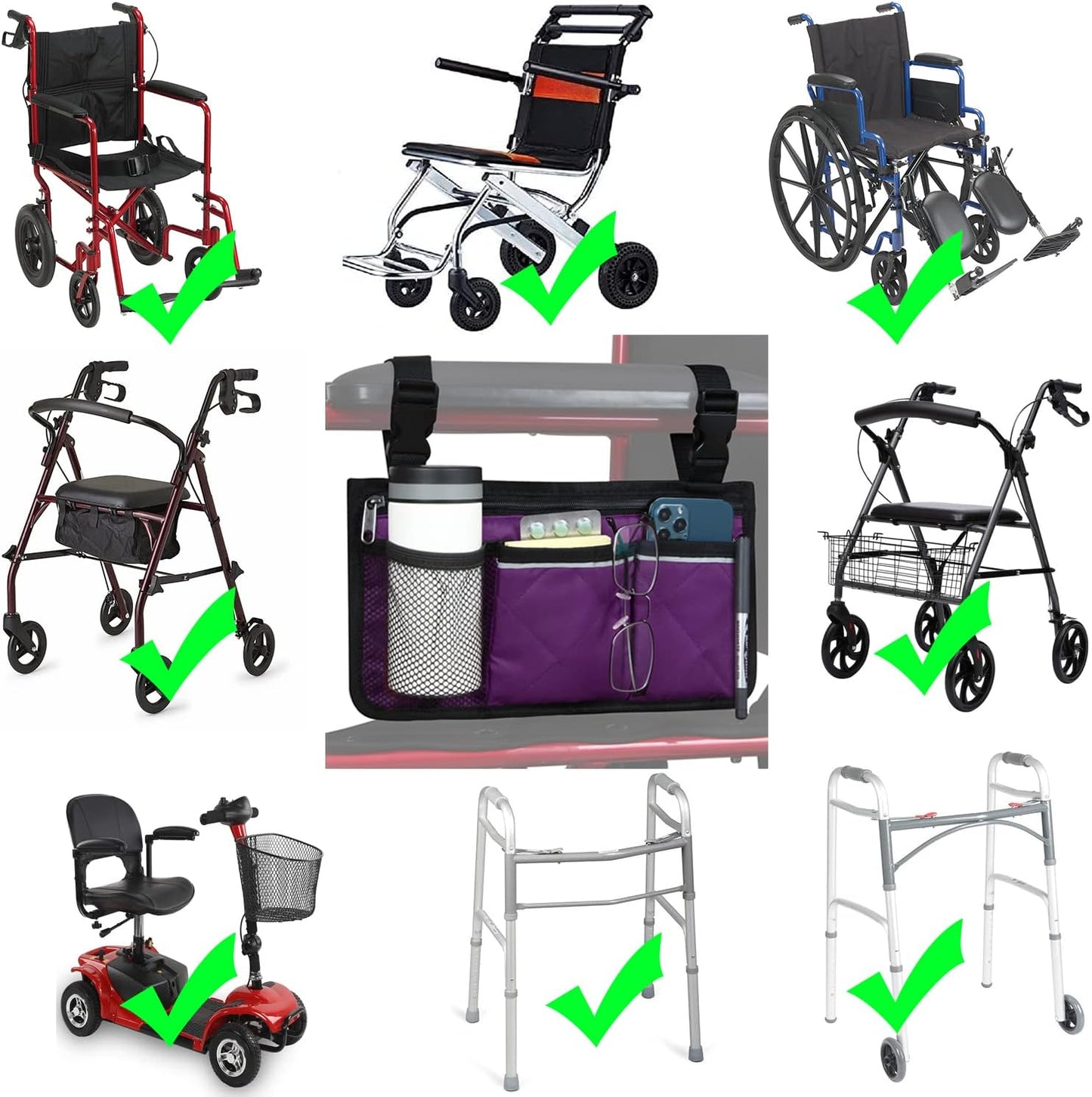 Wheelchair Side Bag, Wheelchair Armrest Storage Pouch with Cup Holder and Reflective Strip for Wheelchairs, Walkers or Rollators (Black)