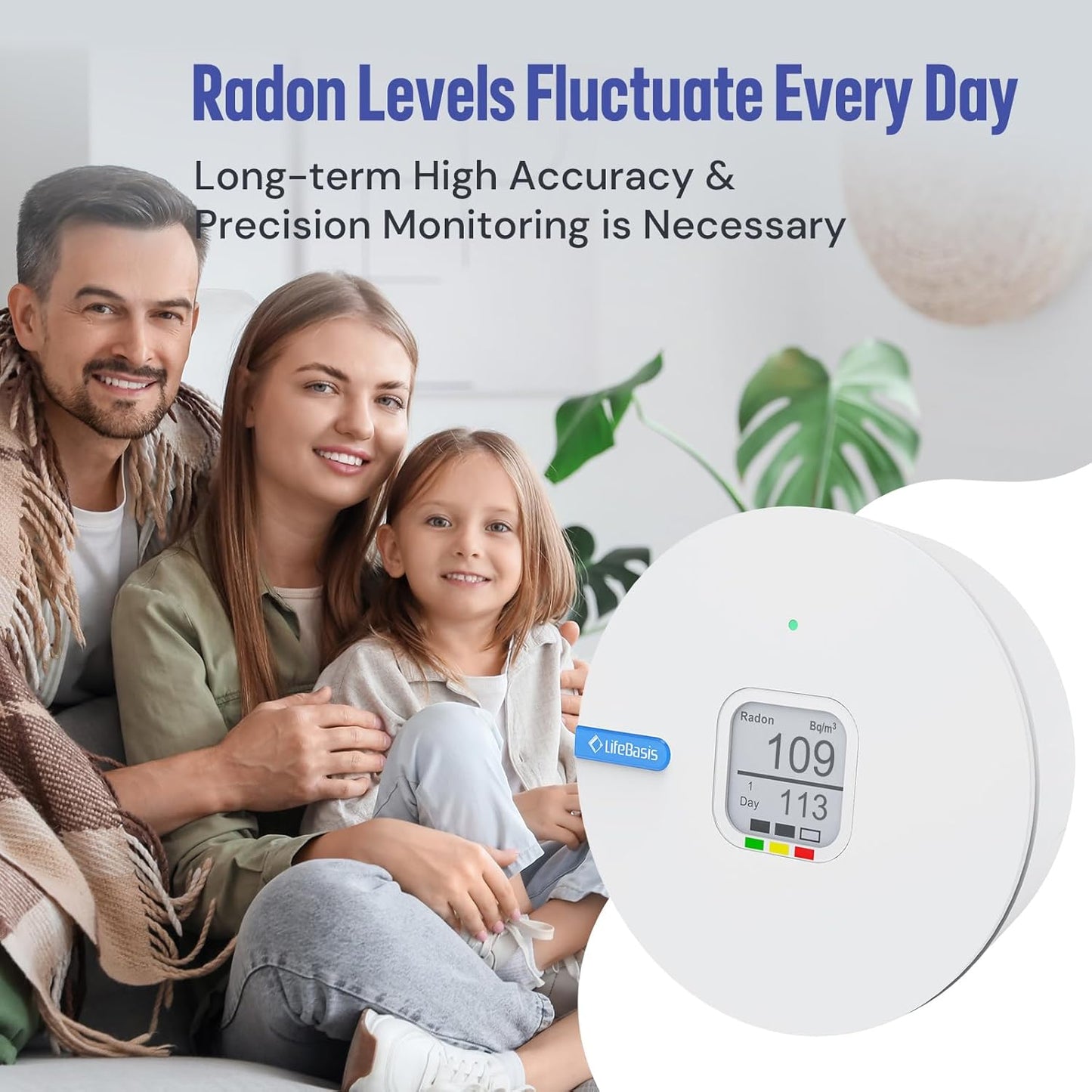 Life Basis Radon Detector for Home, Portable Radon Tester with Ink Screen Short & Long Term Radon Monitoring No Lab Fees Battery Operated, Canadian Version Bq/m3 & pCi/L Selectable, White