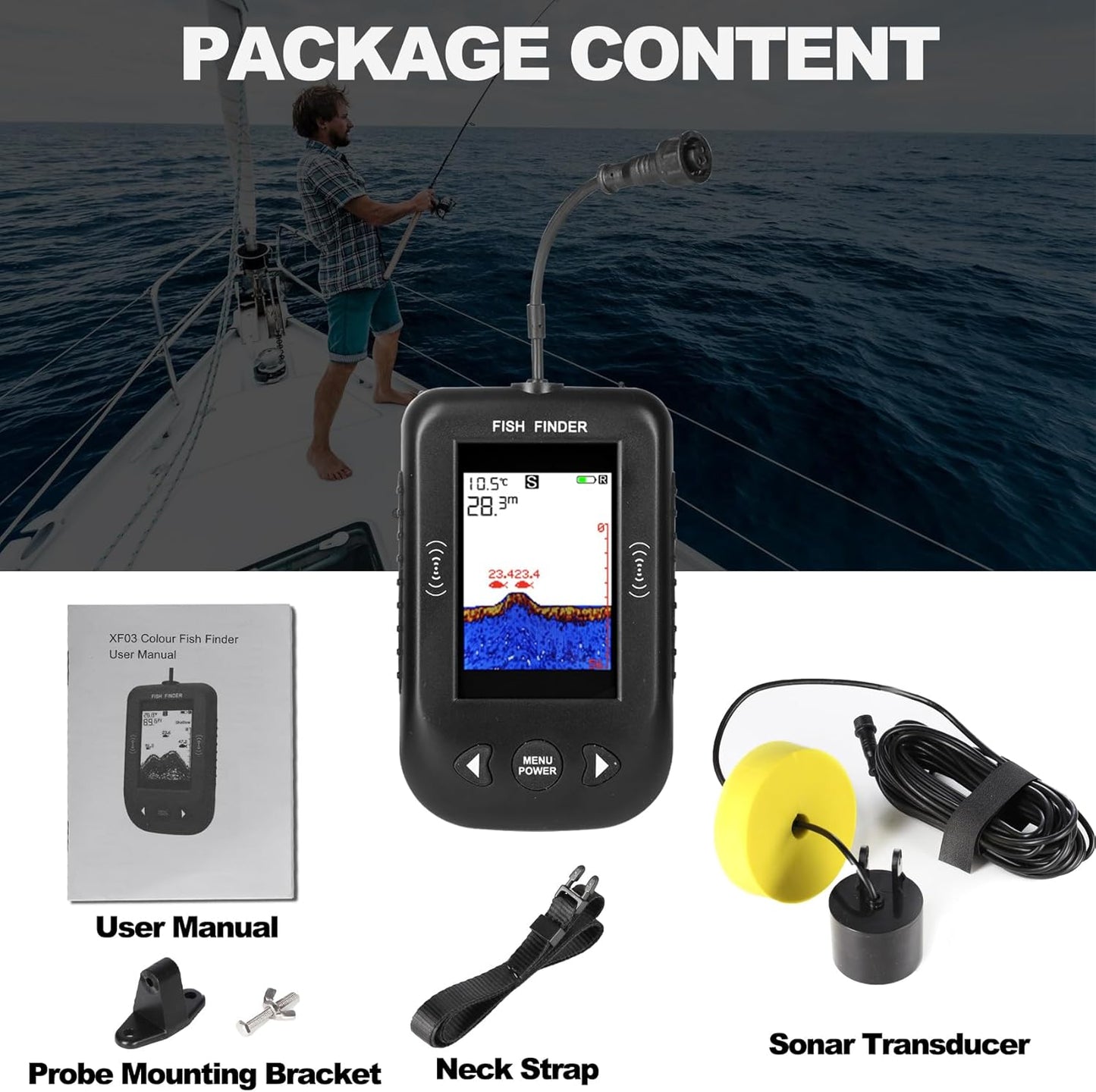 Portable Fish Finder, Water Handheld Fish Depth Finder Sonar Kayak Boat Fishfinder Transducer Fishing LCD Display