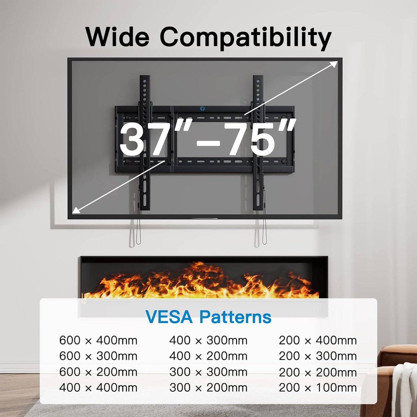 Pipishell Tilt TV Wall Mount Bracket Low Profile for Most 37-75 Inch LED LCD OLED Plasma Flat Curved TVs, Large Tilting Mount Fits 16"-24" Wood Studs Max VESA 600x400mm Holds up to 132lbs