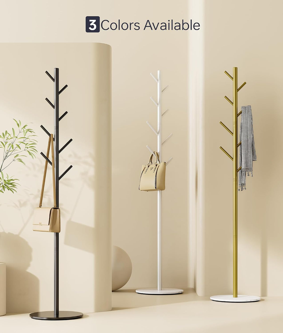Coat Rack with 8 Hooks, Adjustable to 3 Heights, Modern Hall Tree, Sturdy Metal Coat Stand with Sintered Stone Base, for Entryway, Office or Bedroom, Ideal for Coats, Hats and Bags, Black