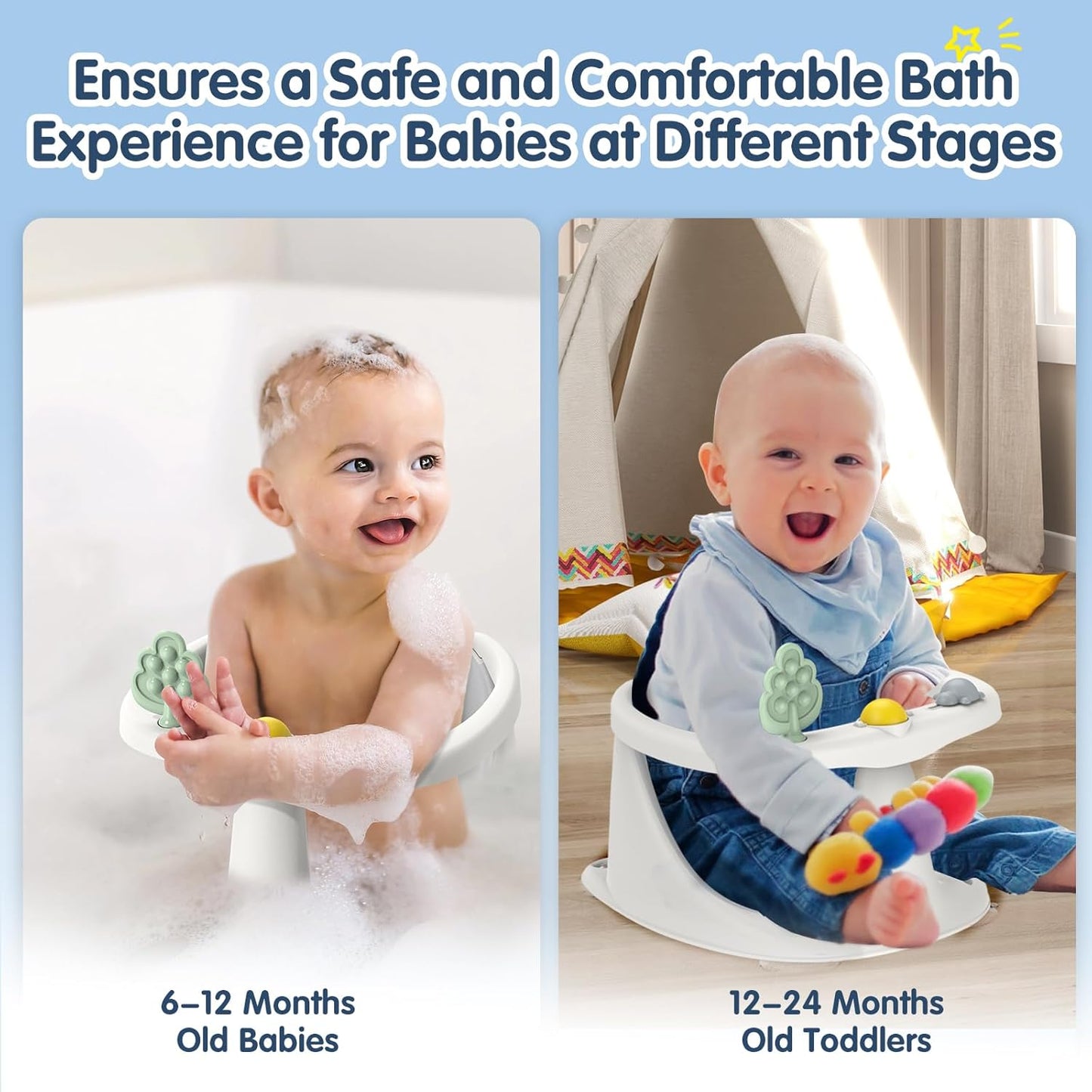 Baby Bath Seat for Babies 6 Months & Up, Non-Slip with Suction Cups, Safe & Comfortable Infant Bath Seat for Bathtub, Grey