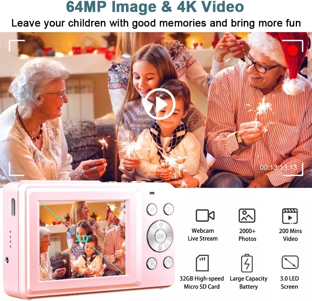 4K Digital Camera for Photography, 64MP Autofocus Vlogging Cam for YouTube, Anti-Shake, 3.0'' LED Screen, 18X Zoom, Pink Point and Shoot Digital Camera for Teens Adult Beginner, 32GB TF Card