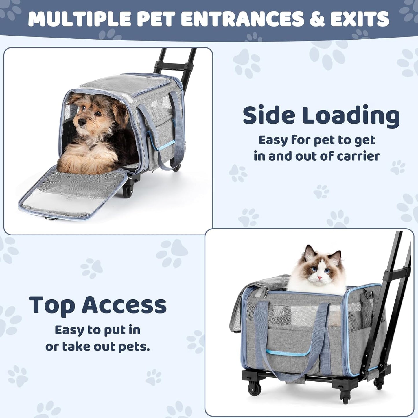 UNICITII Pets Carrier for Small Cat, Dog Medium Cats Puppies up to 20 Lbs, Airline Approved Carrier Soft Sided, Collapsible Travel Puppy Carrier (Grey-with Wheels)