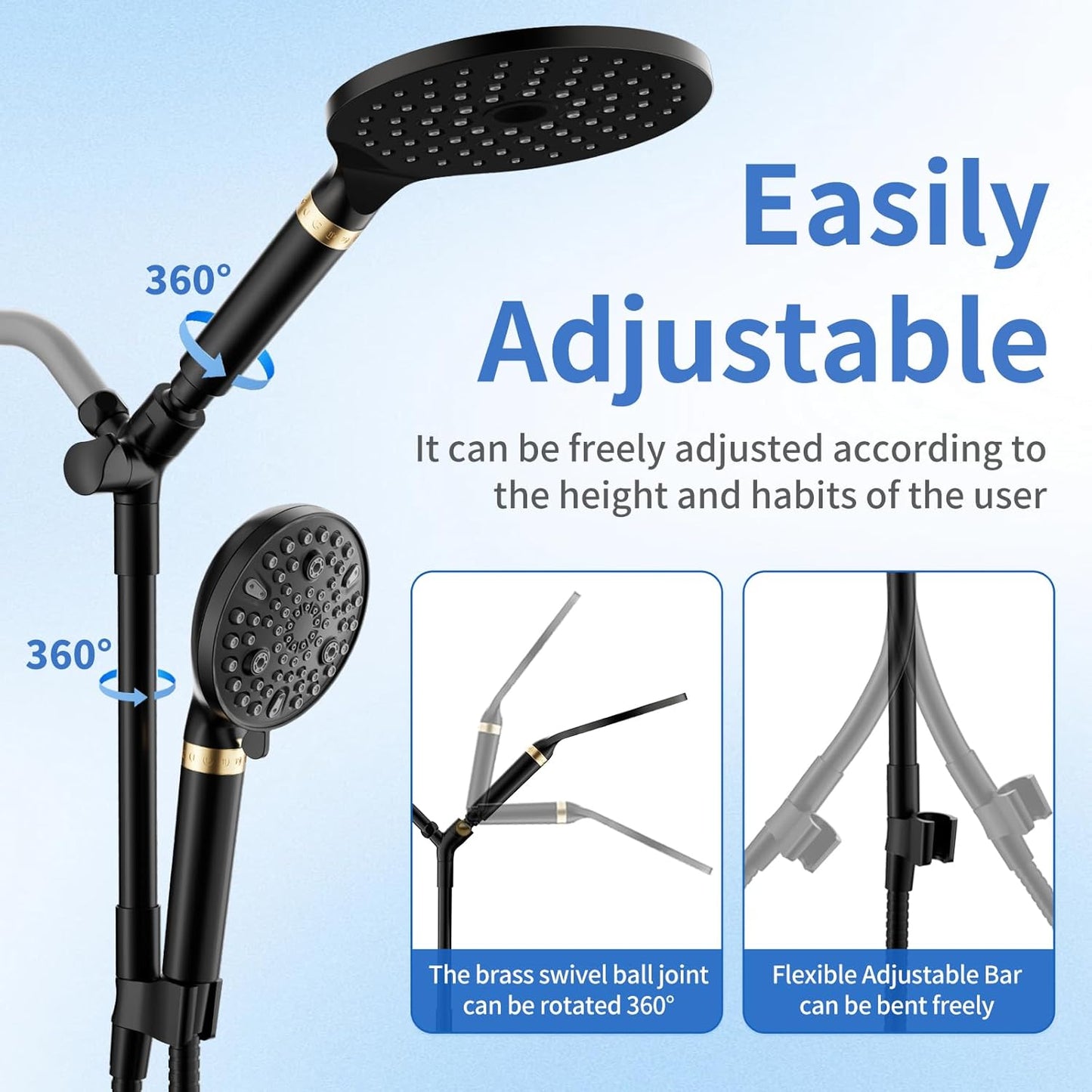 JONKEAN 7.5" Big Filtered Double Shower Head for Hard Water, Dual Shower Heads with Handheld Spray Combo, 9 Modes Waterfall Rain Shower Head High Pressure with Long Hose & Adjustable Bar(Matte Black)