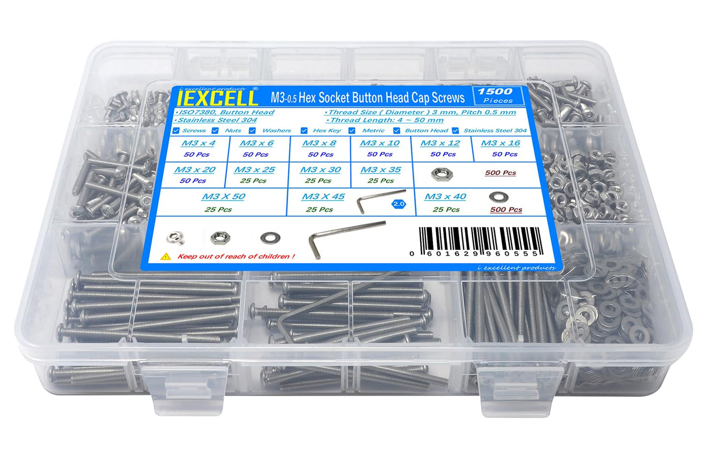 iexcell 50 Pcs M6 x 20mm Thread Pitch 1 mm Stainless Steel 304 Hex Socket Button Head Cap Screws Bolts Kit
