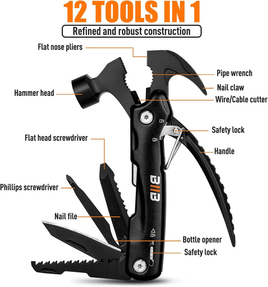 BIIB 12-in-1 Hammer Multitool – Stainless Steel Camping & EDC Tool for Men – Portable Multi Tool Hammer with Pliers, Saw & Screwdrivers