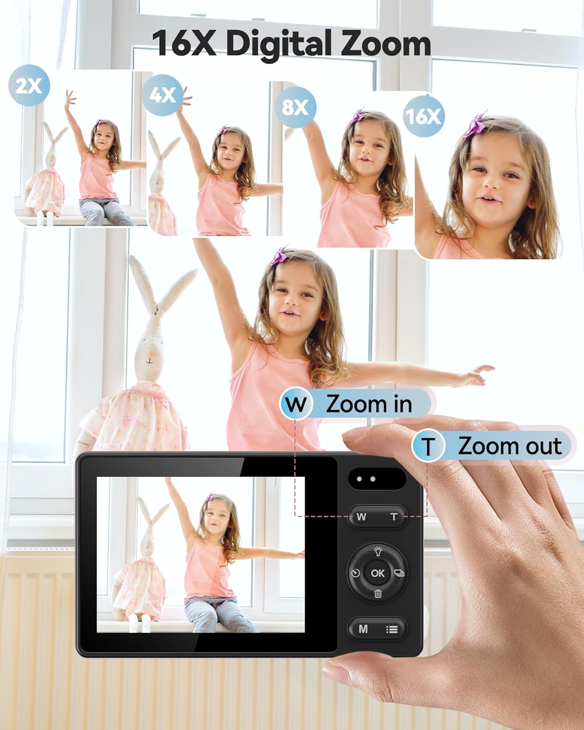 64GB Digital Camera for Kids Photography: 48MP Mini Camera Anti Shake 1080P Video Camera Autofocus 16X Zoom Anti Shake Point and Shoot Camera 2 Batteries Gift for Kid Student Beginner Black
