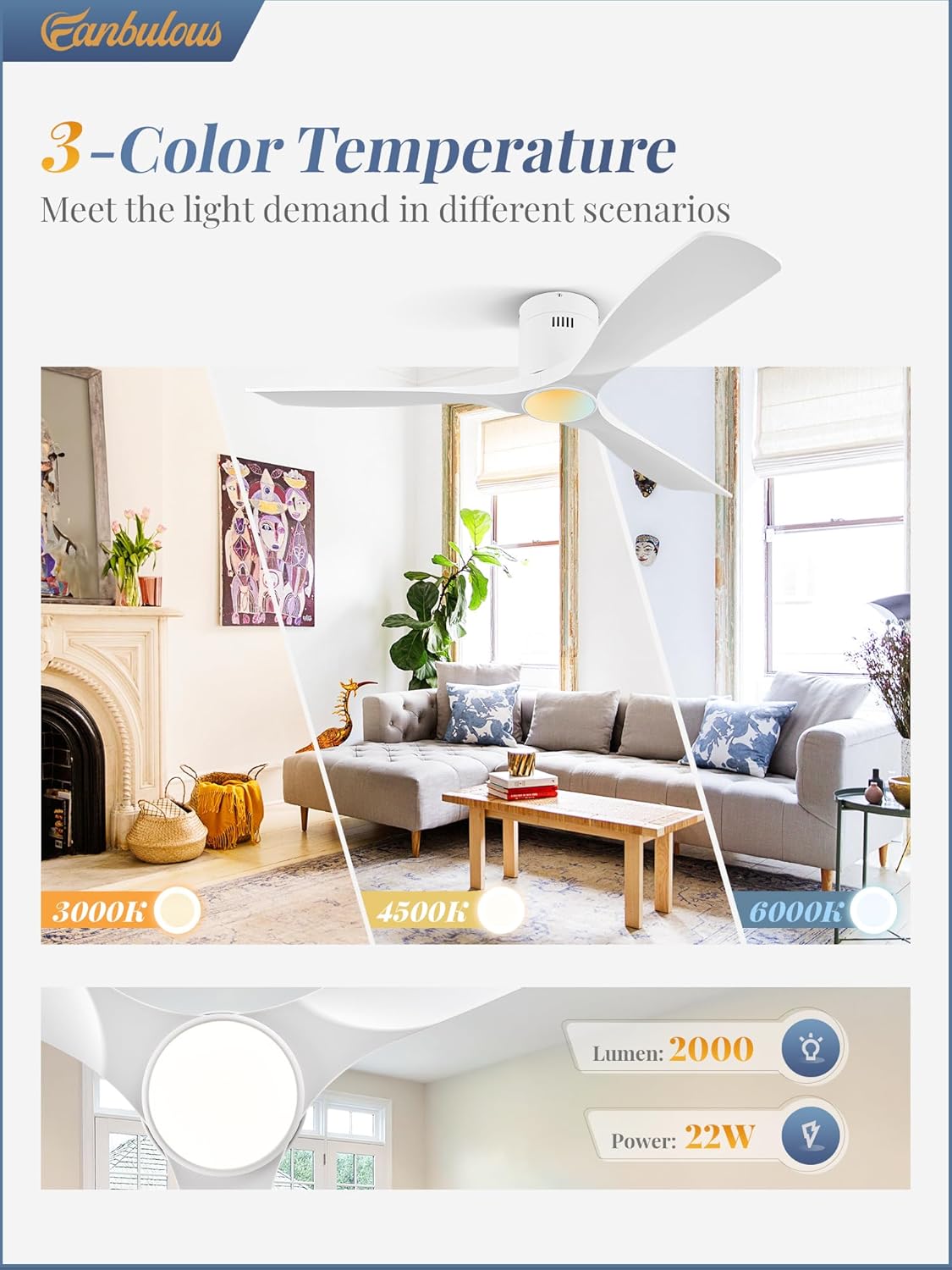 Fanbulous 52" Ceiling Fans with Lights and Remote Control,Modern Flush Mount Ceiling Fan with 3 LED Colors,Outdoor Low Profile Ceiling Fans with 6-Speeds Timer DC Motor for Bedroom Living Room Patio