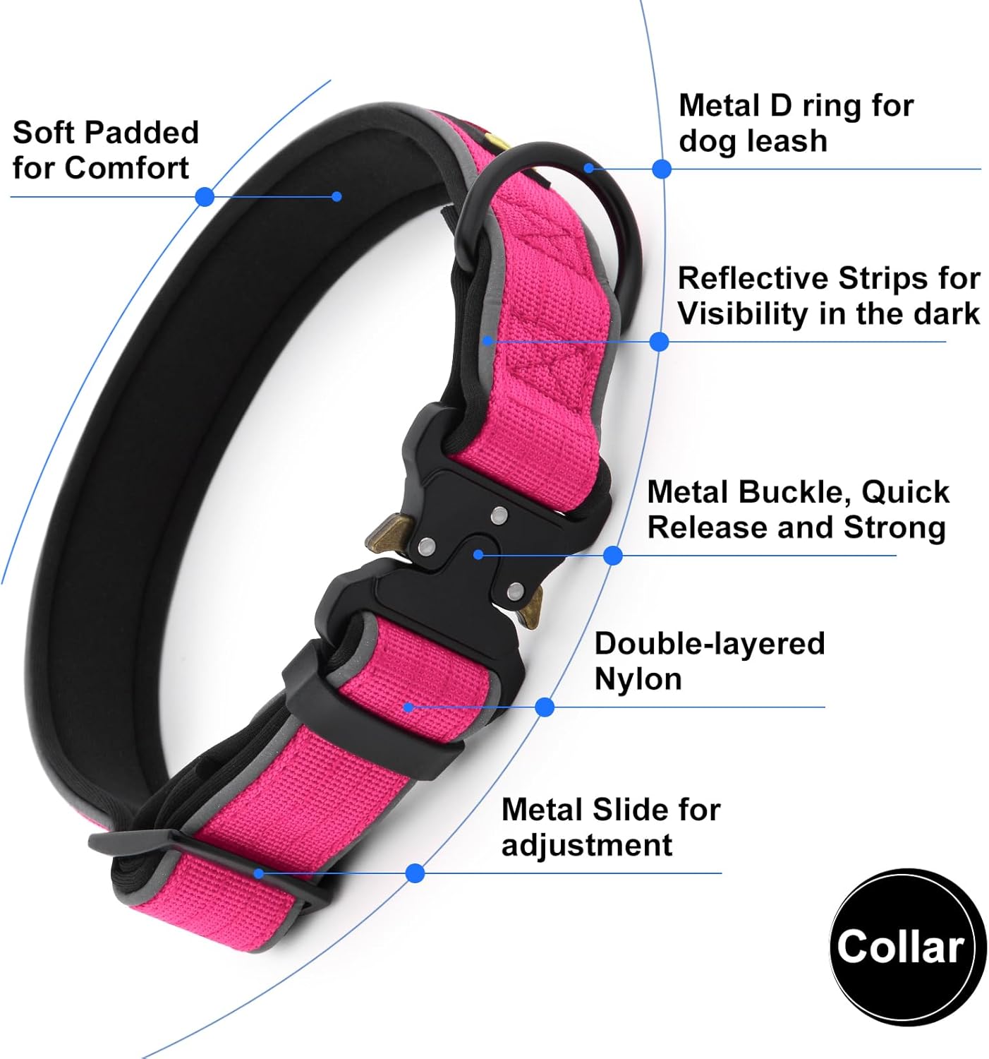 Plutus Pet Tactical Dog Collar, Reflective, Adjustable Heavy Duty Dog Collar, Soft Padded and Comfortable, for Small Medium and Large Dogs (Red, L)