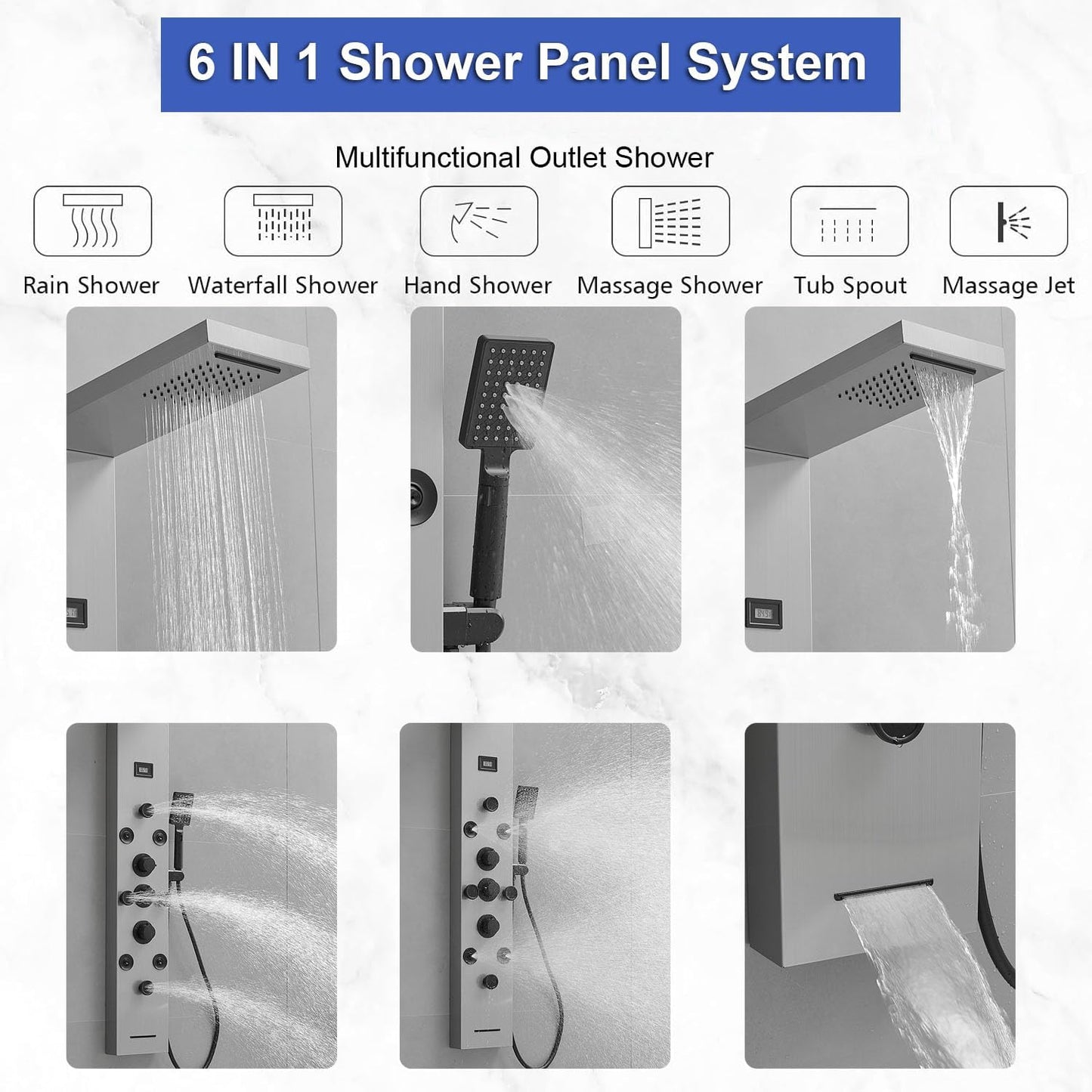 Bathfinesse Shower Tower Bathroom Shower Panel System Rain Massage System 6 in 1 Body Spray Jets Shower Wall Panels Rainfall Waterfall Shower Head Tub Spout with Temperature Display,Matte Black