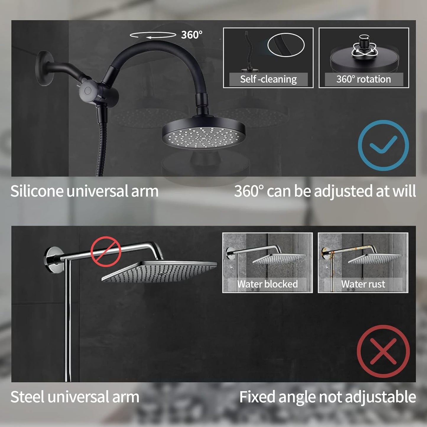 COSYLAND Rain Shower Head with Handheld - 304 Stainless Steel High Pressure 8 inch Square Rainfall Showerhead Combo with 5 Spray Mode 11 inch Extension Adjustable Arm & 60 inch Hose - Chrome
