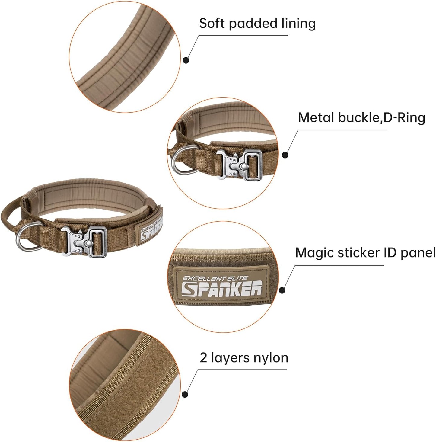 EXCELLENT ELITE SPANKER Tactical Dog Collar Nylon Adjustable K9 Collar Military Dog Collar Heavy Duty Metal Buckle with Handle(Coyote Brown-XL)