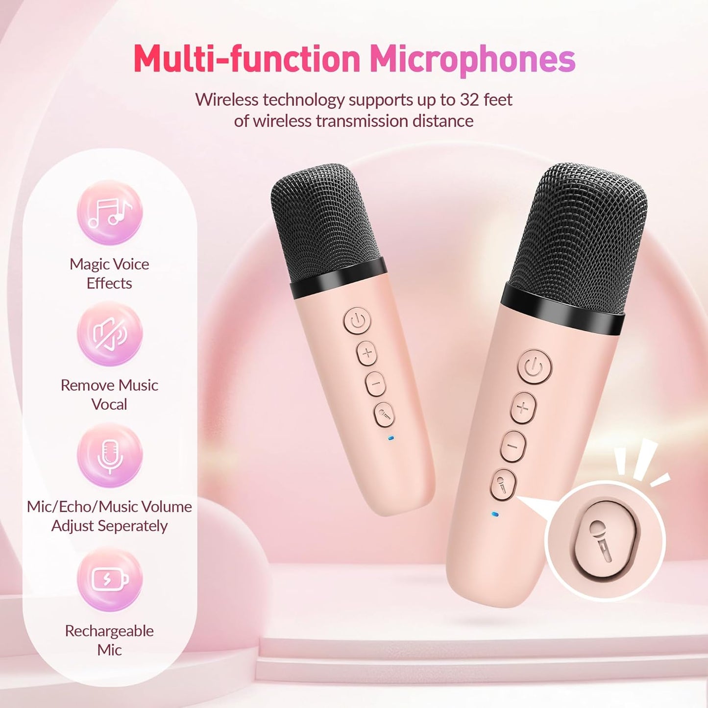 Mini Karaoke Machine, Portable Bluetooth Karaoke Speaker with 2 Wireless Microphones and Party Lights for Kids and Adults, Birthday Gifts for Girls Boys Family Home Party (Hotpink)