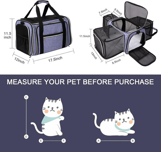 BAGLHER Cat Carrier Bag,Airline Approved Pet Carrier Soft Side Pet Travel 5 Sides Open Doors 3 Sides Expandable Foldable Dog Carrier with Fleece Pad - PuriLite
