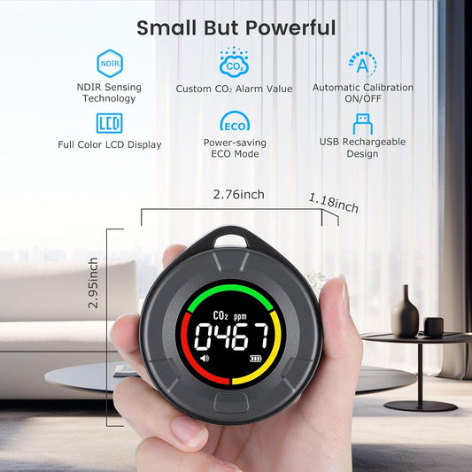 INKBIRDPLUS Portable CO2 Detector, Mini Indoor CO2 Monitor, NDIR Sensor with Full Color LCD, Indicator Light, Alarm, Auto Calibration, for Home, Office, Travel - PuriLite