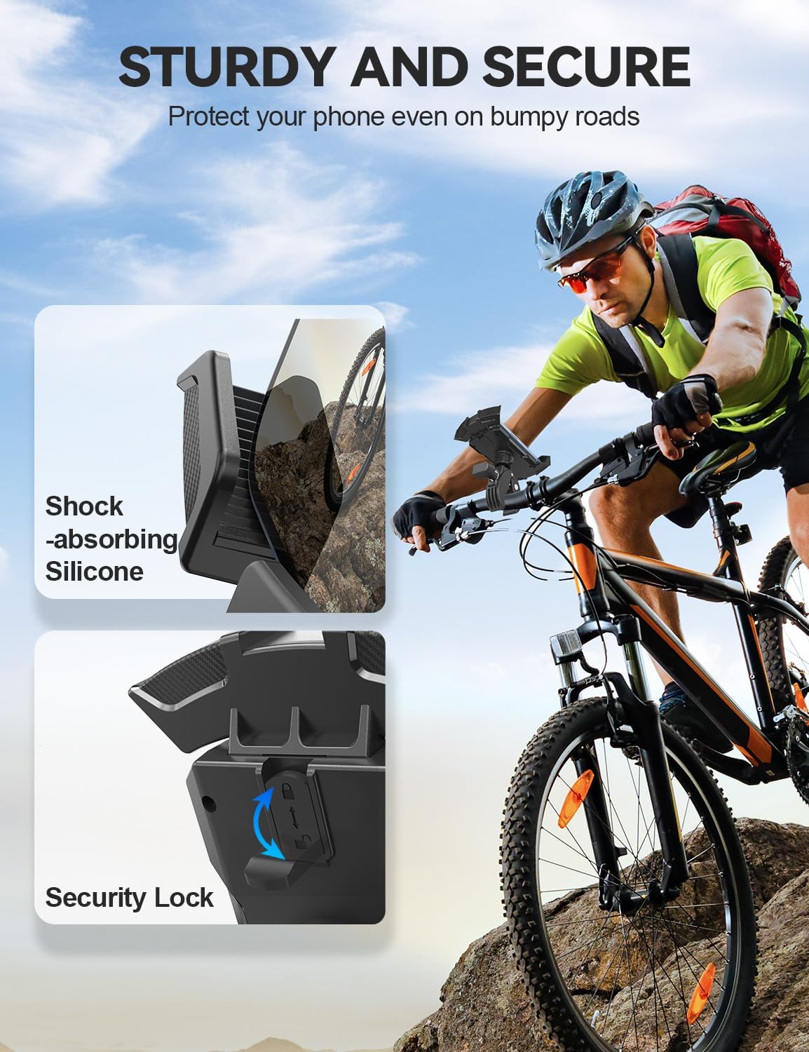 Oraolo Motorcycle Phone Mount, Bike Phone Holder, Phone Holder for Bike Scooter Handlebar, Security Lock, One-Hand Operation, 360° Rotatable Phone Mount Compatible with 4.7-6.8" Phones, 1 Pack