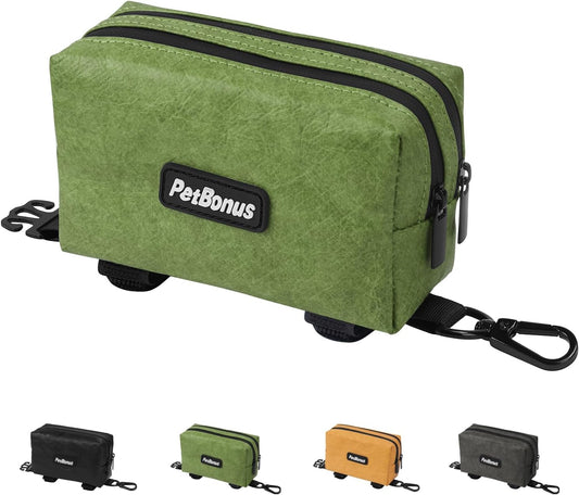 PetBonus Waterproof Dog Poop Bag Holder for leashes, Portable Pet Waste Bag Dispenser, 2 Pouches for Treat Holder and Walking Accessories, Fit All Leashes, Includes 1 Roll of Dog Poop Bags (Green)