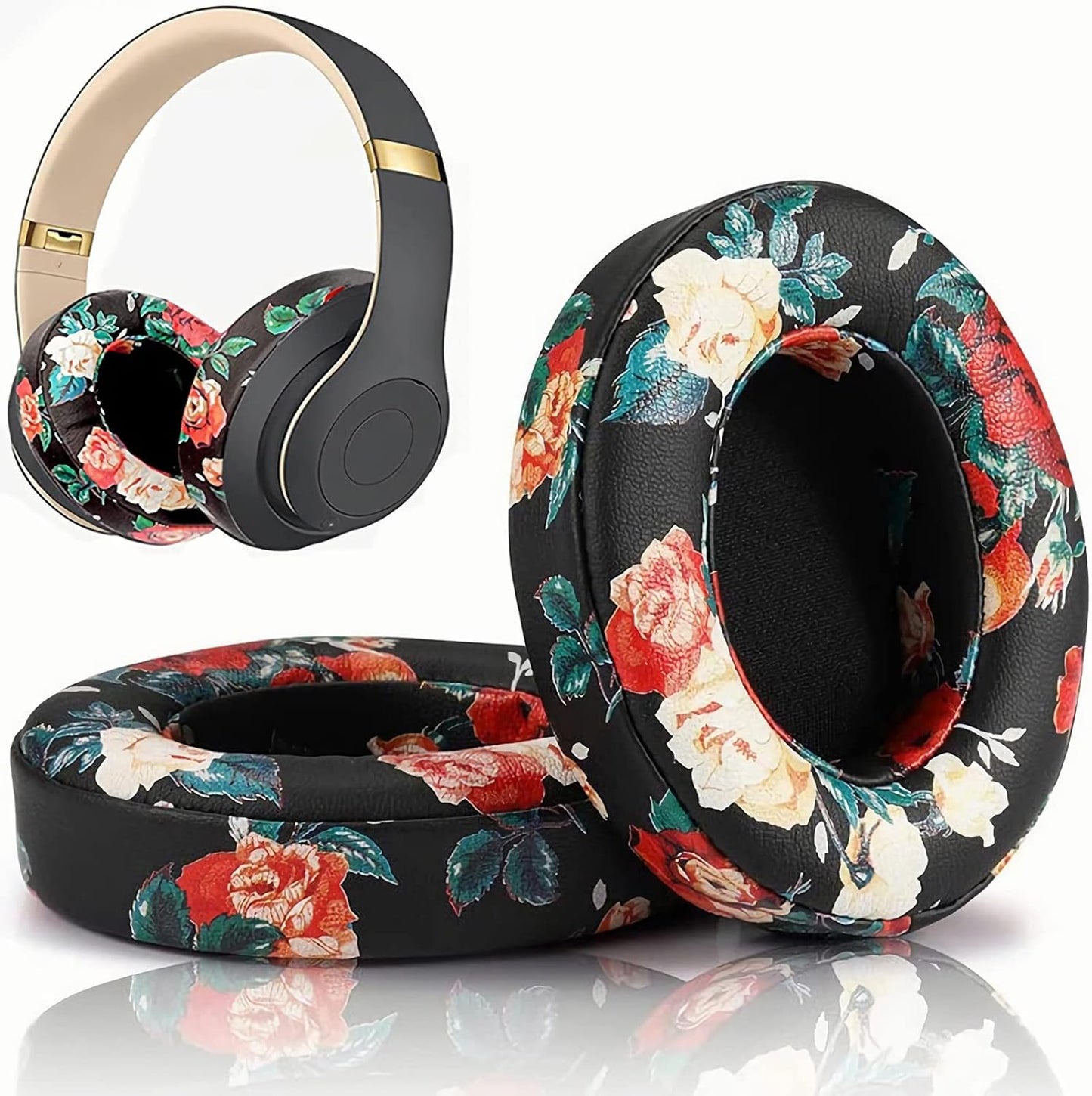 Studio 3 Ear Pads Cushions Replacement Earpads for Beats Studio 2 & Studio 3 Wired & Wireless Headphones,Ear Cushions Memory Foam Earpads with Soft Protein Leather Replacement Parts -White Floral