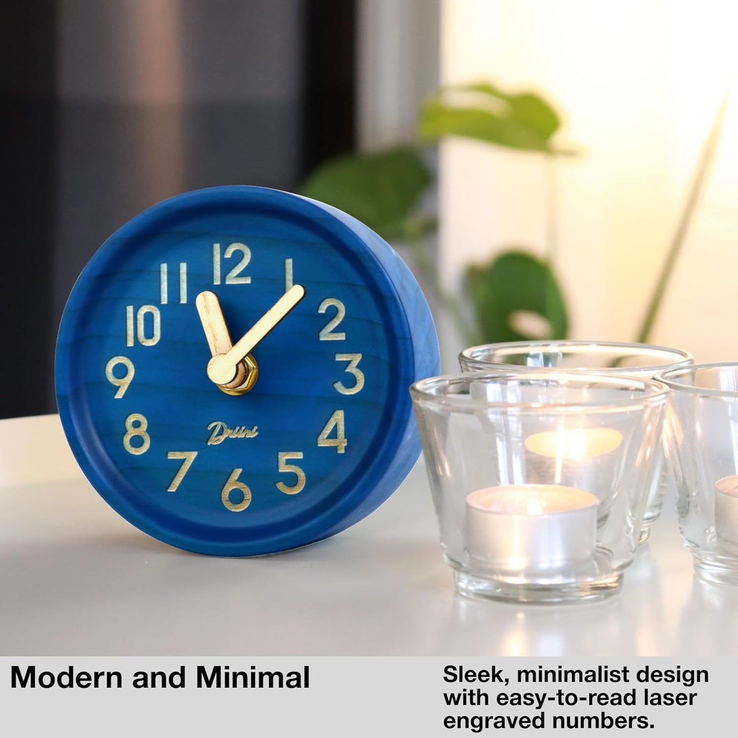 Driini Wooden Analog Desktop Clock – 4.3 in. Decorative Pinewood Clock, No-Tick Design – Easy to Read Silent Sweep Mantle Clock – Quiet Tabletop Clocks with Wood Body, Hands, & Battery Cover; Blue