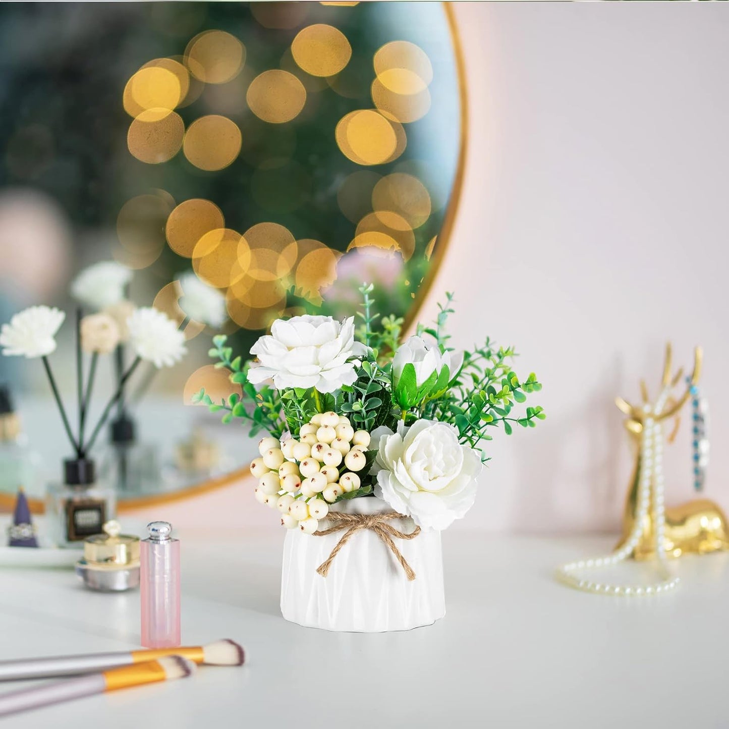 BLOSMON White Fake Flowers with Vase: Small Coffee Table Decor Bathroom Hydrangea Faux Flowers in Vase Office Desk Shelf Home Living Room Bedroom Vanity nightstand Decorations Floral Arrangement