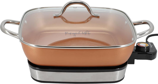MegaChef - Electric frying pan with copper non-stick coating, tempered glass lid and adjustable temperature control, versatile small kitchen appliance (11.81 inch pan)