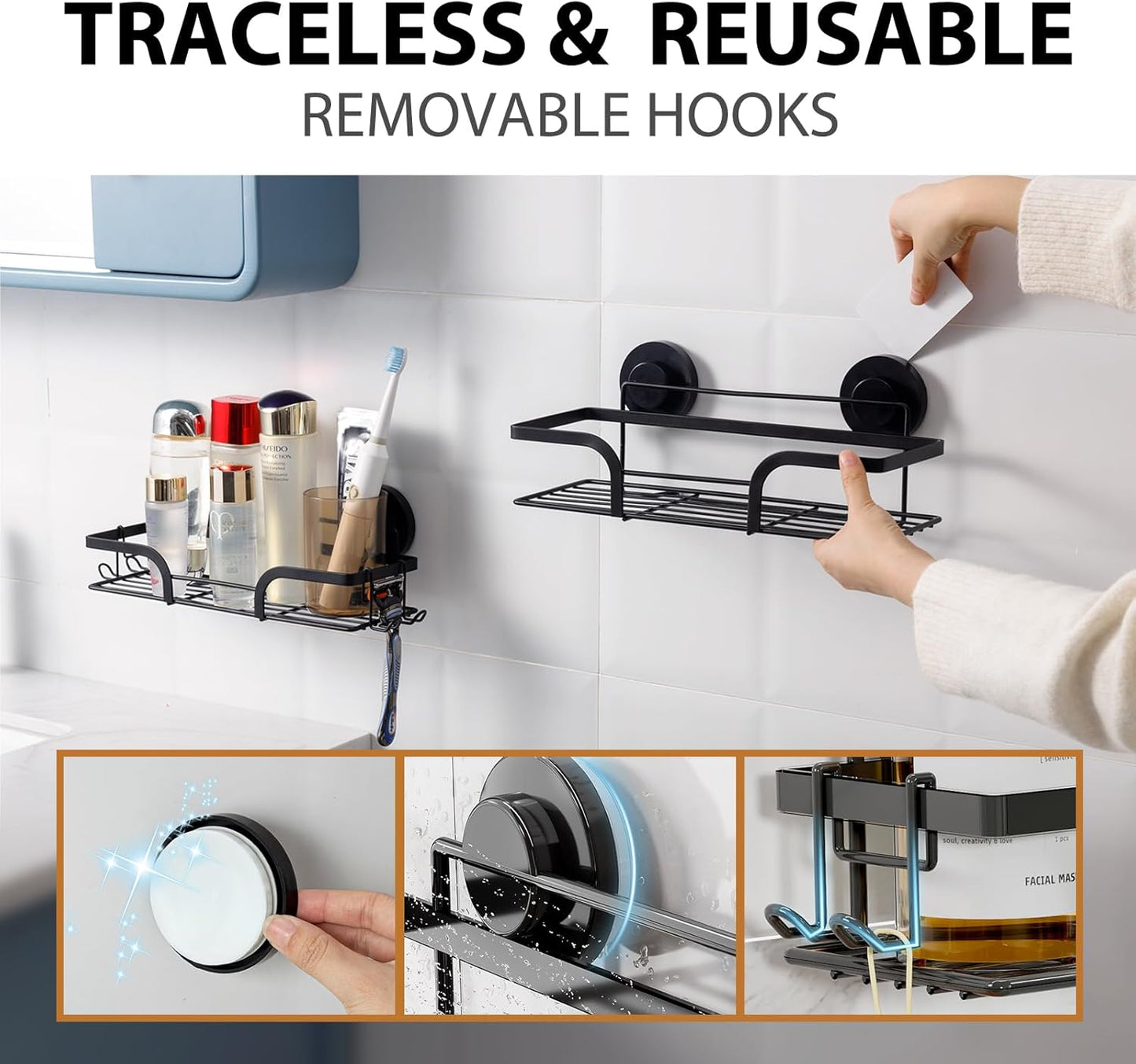 LEVERLOC Shower Caddy Suction Cup, 2 Pack Black Shower Shelf with Hooks and Soap Holder, NO-Drilling Bathroom Organizer, Rustproof Metal Bathroom Storage and Organization