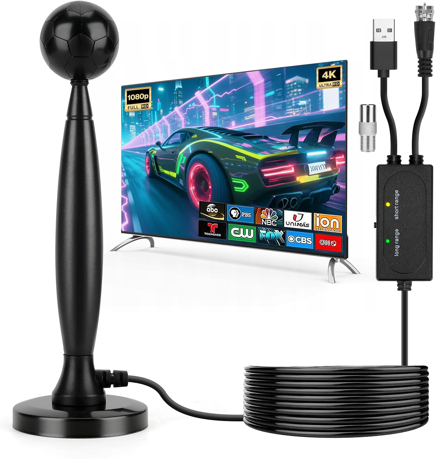 TV Antenna, TV Antenna Indoor for Local Channels, Antenna for Smart TV, Digital TV Antenna with Signal Booster, Long Range HD TV Antenna, Supports 4K 1080p, 18ft Coax HDTV Cable