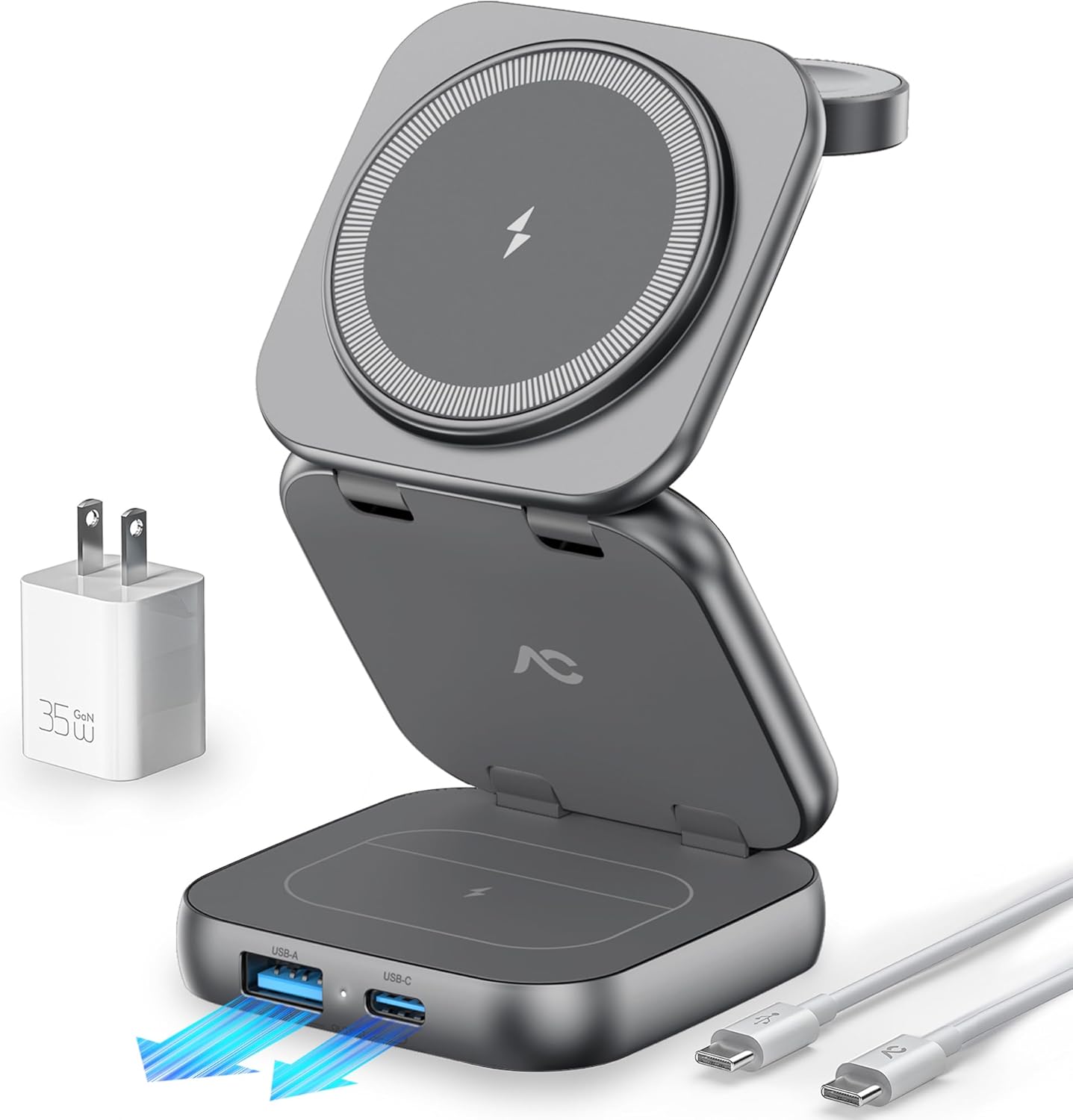 5-in-1 Wireless Charger for Magsafe, AC ISLAND Aluminum Travel Charging Station for Apple, 15W Snap Magnetic Multi Charging Stand Dock for iPhone 16/15/14/13 Apple Watch AirPods (with 35W GaN Adapter)