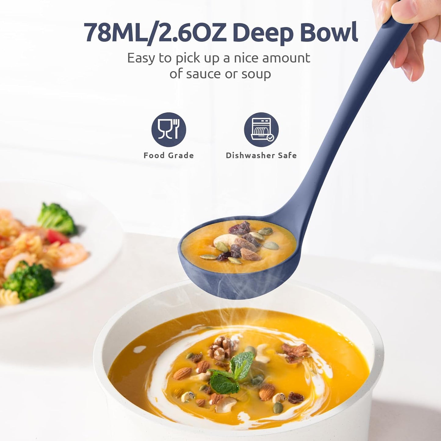 13 inch Silicone Soup Ladle: U-Taste 600ºF Heat Resistant 4 oz Large Non-Stick Seamless Rubber Kitchen Deep Serving Spoon with Non-Slip Solid Long Handle for Cooking Sauce/Stews/Gravies/Chili(Purple)