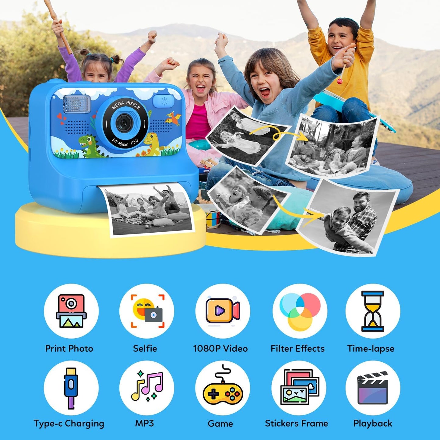 Instant Print Camera for Kids Age 3-12 Girls Boys 1080P Selfie HD Digital Video Cameras with 6 Print Paper & 32G Card Toddler Portable Travel Toys Camera for Christmas Birthday Gifts