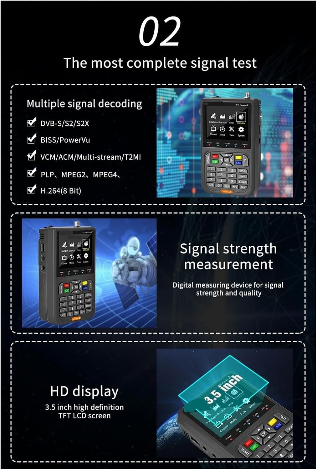 V8 Finder2 Satellite Signal Detector FTA DVB-S/S2/S2X Digital Signal Receiver LCD HD Screen for Adjusting Satellite TV for Dish Network Directv(FD2 Black Bag Charge)