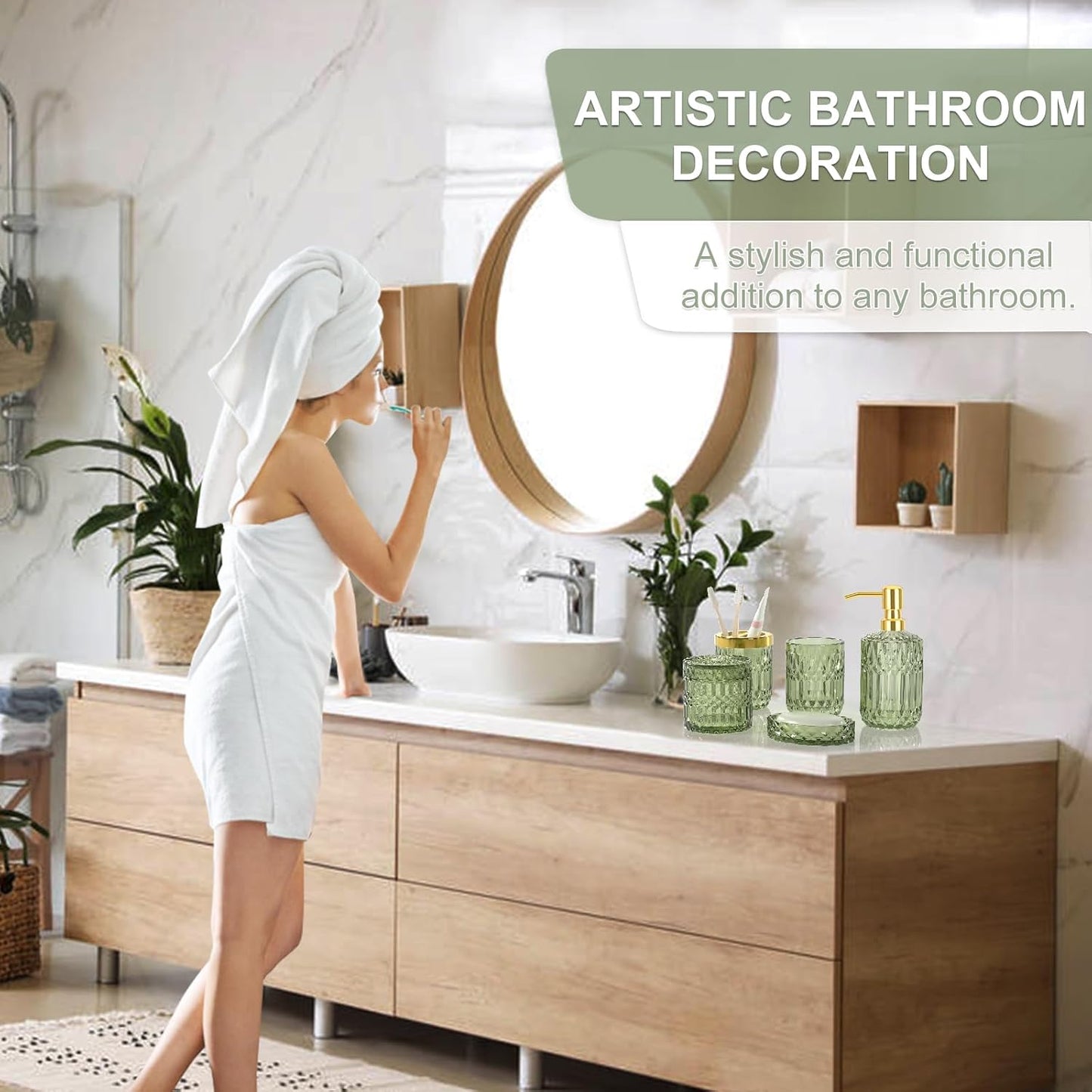 Premium Green Glass Bathroom Accessories Set (5PCS), Glass Soap Dispenser Set with Rust Proof Stainless Steel Pump, Elegant Modern Bathroom Decor Set, Gift for Valentines Day, Birthday or Housewarming
