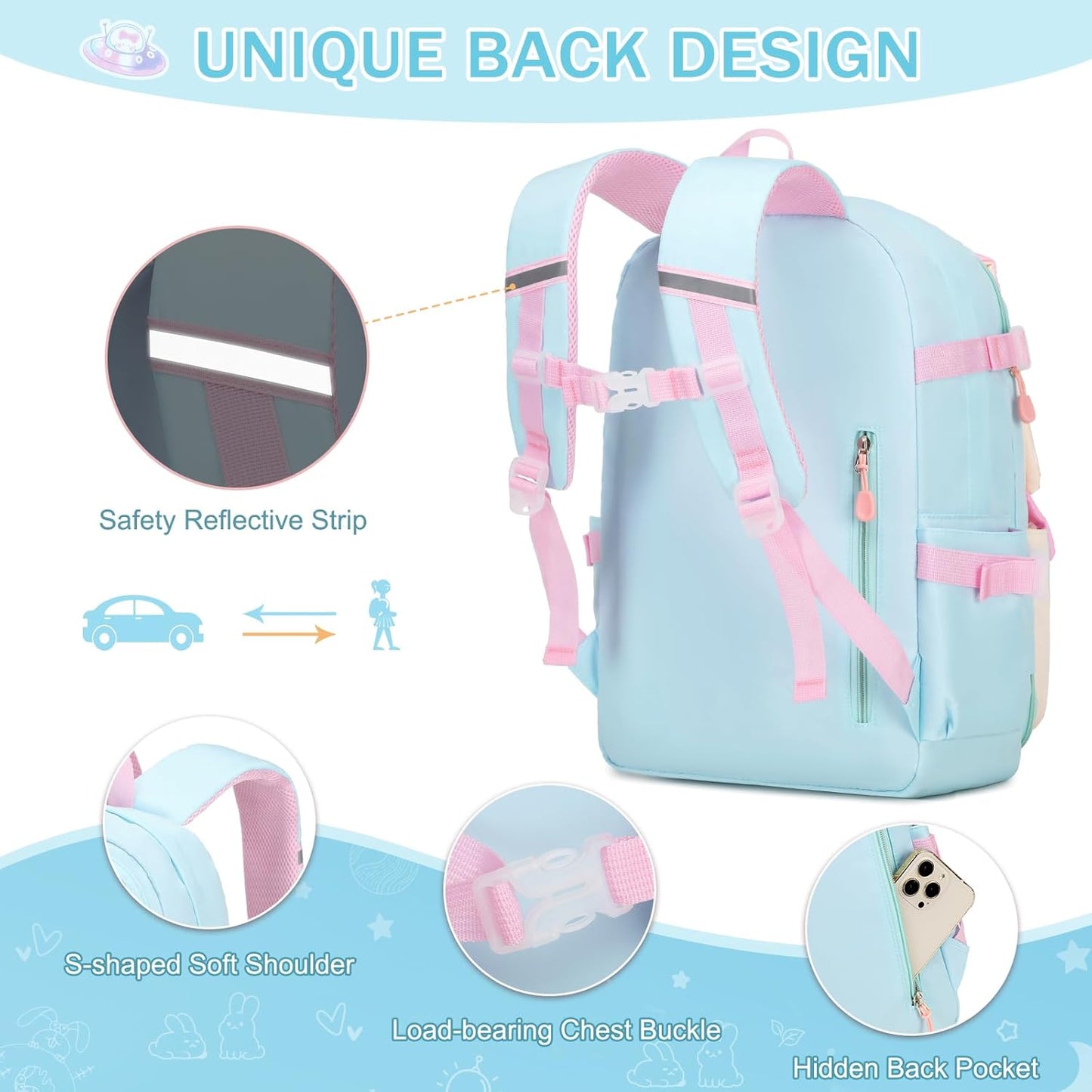 FIXITOK Girls Backpack Set, 3PCS Kids Backpack for Girls, Kawaii Bunny School Backpacks for Girl Kindergarten Elementary Preschool Middle School Bags with Lunch Box Pencil Case Aquamarine