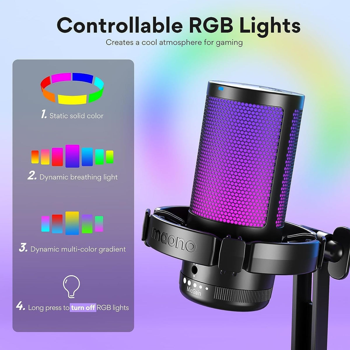 MAONO USB Gaming Microphone | Streaming Microphone | Podcast Microphone | Recording Microphone | RGB USB Microphone | Unidirectional Condenser Mic - PuriLite