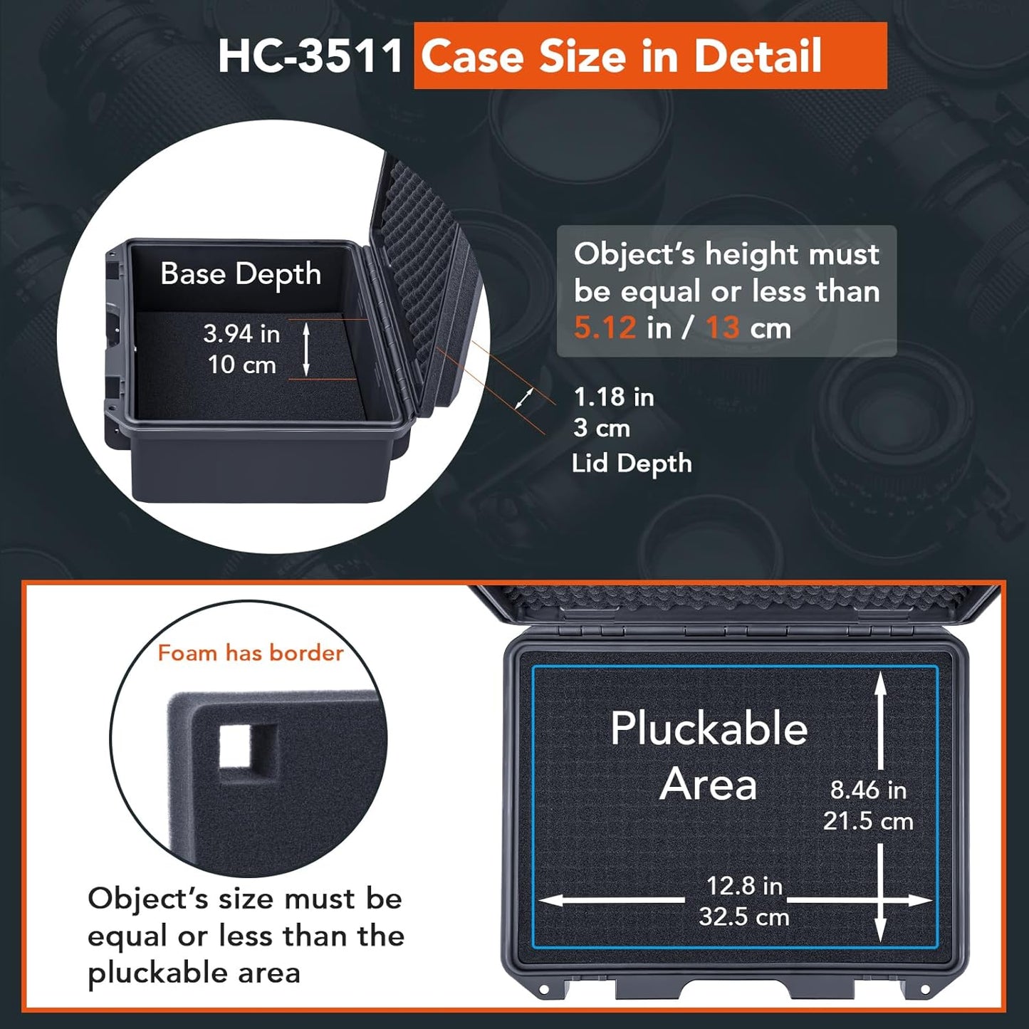 Lykus HC-3810 Waterproof Hard Case with Customizable Foam Insert, Interior Size 38x28x13.5cm, Suitable for Camera, Lens, Drone, mic, Flashlight, Telescope, Action cam, Electronics, Tools, and More