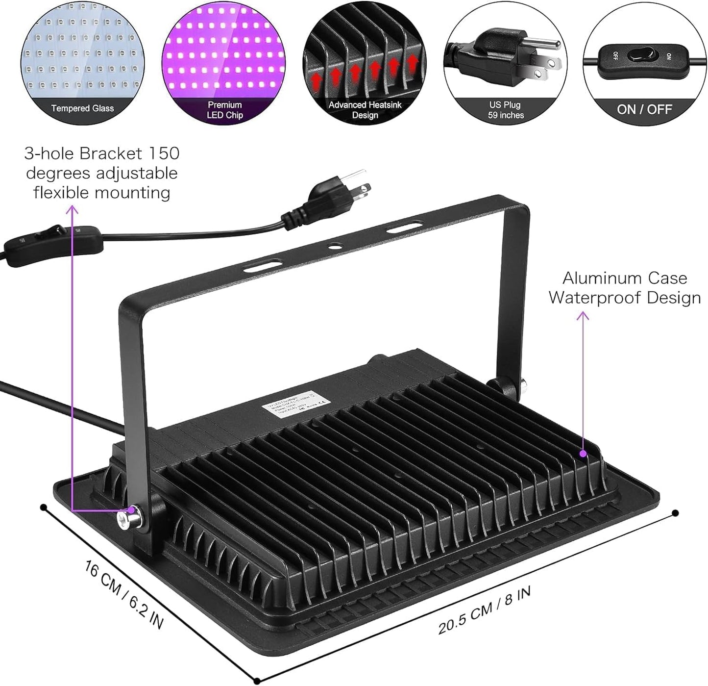YANYCN - 4 Pack 100W Black LED Lights,Black Light with Plug and Switch,IP66 Waterproof Black Light 120V AC for Halloween Party,Glow in the Dark,Stage Light,Painting