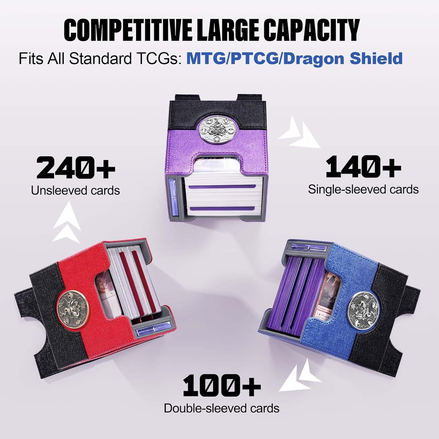 Kabinka Commander Deck Box for MTG with Metal Emblem, Card Deck Box with Dice Tray, Hold 100 Double-Sleeved Cards for TCG/PTCG, Cards Storage Case, 35PT Magnetic Card Holder (Black& Purple, Lotus)